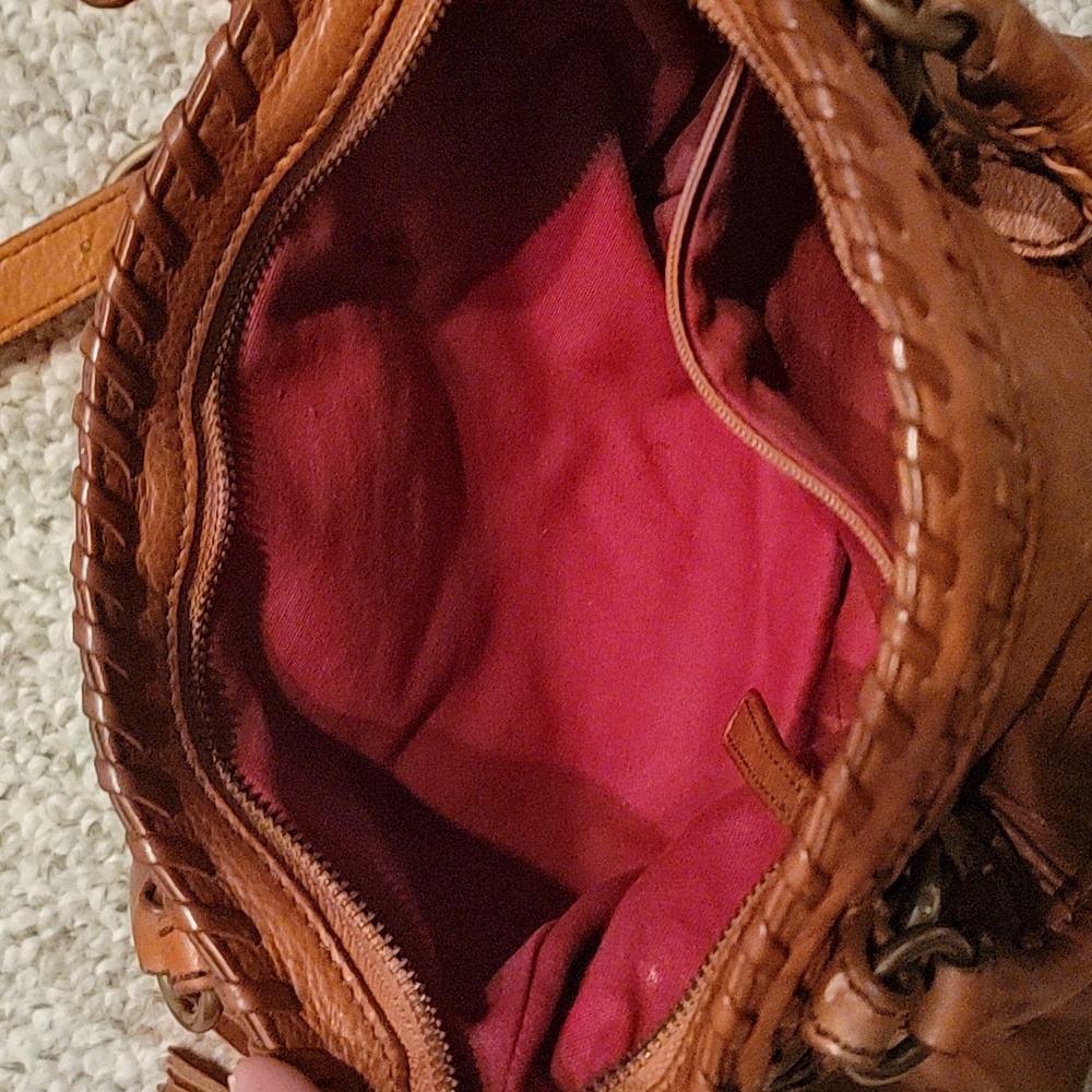 Isabella Fiore Tan Leather Woven-Trim Shoulder Bag with Tassel Accent - Picture 5 of 13